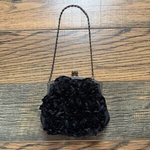 Lulu Townsend Black Satin Rosette Shoulder Bag Evening Purse Chain Strap